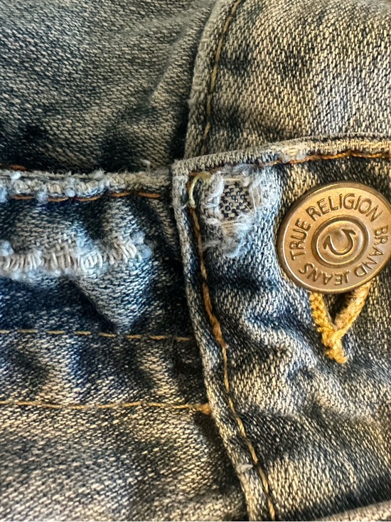 True Religion Light Blue Washed Denim Shorts with Brass Button - Picture 4 of 6